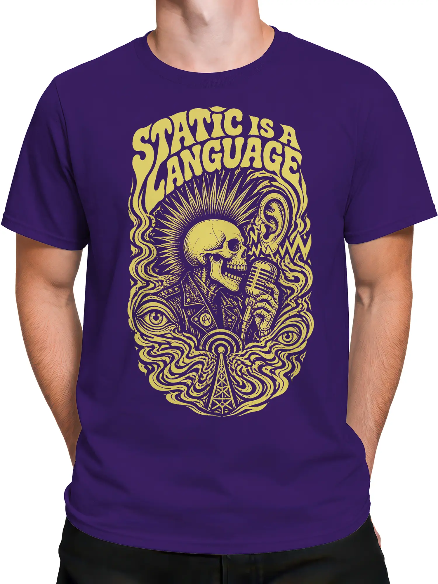 Male torso wearing a purple music graphic T-shirt with yellow skull singer and vintage microphone artwork