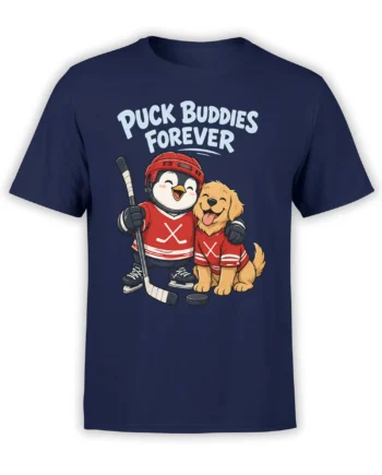 Penguin and golden dog hockey buddies graphic with “Duck Buddies Forever” text on a navy T-shirt