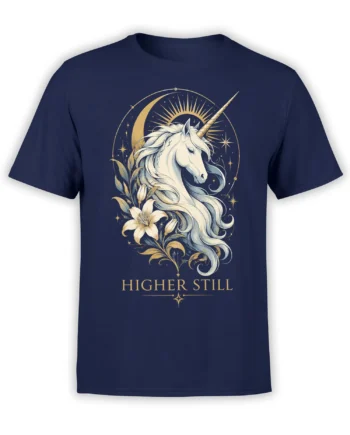 White unicorn with golden horn, crescent moon, flowers, and “Higher Still” design on a navy T-shirt