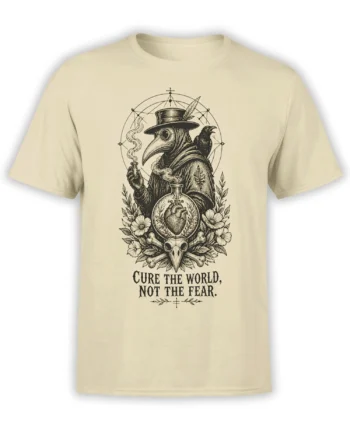 Beige plague doctor T-shirt with raven, anatomical heart, flowers, skull, and the words Cure the World Not the Fear