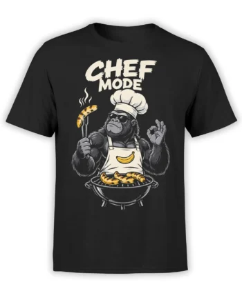 Black T-shirt with a gorilla chef grilling bananas and bold cream Chef Mode lettering