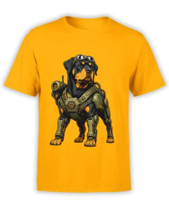 Armored Rottweiler dog wearing goggles and futuristic mechanical gear on a yellow T-shirt