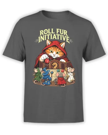 Gray fantasy T-shirt with a hooded orange cat, adventuring mice, dice, map, and Roll Fur Initiative text