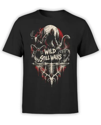 Black cryptid T-shirt with a shadowy forest figure, moon, moth, serpent, skulls, and Wild Still Walks artwork
