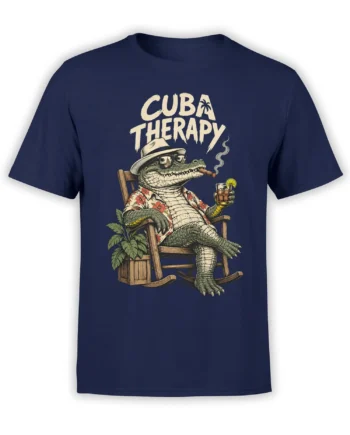 Cuba Therapy crocodile graphic on a navy T-shirt with a cigar, drink, rocking chair, and palm leaves