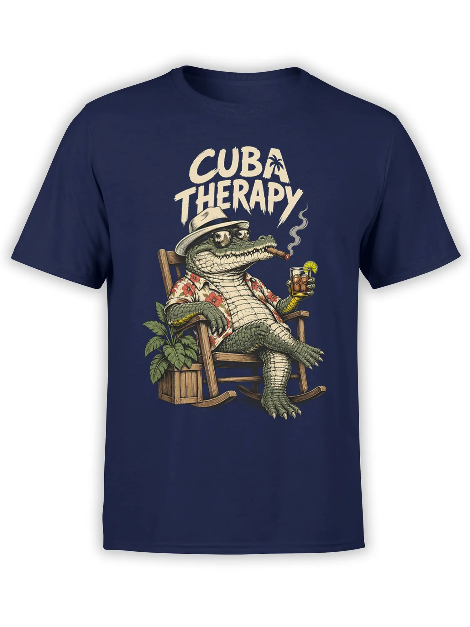 Cuba Therapy crocodile graphic on a navy T-shirt with a cigar, drink, rocking chair, and palm leaves