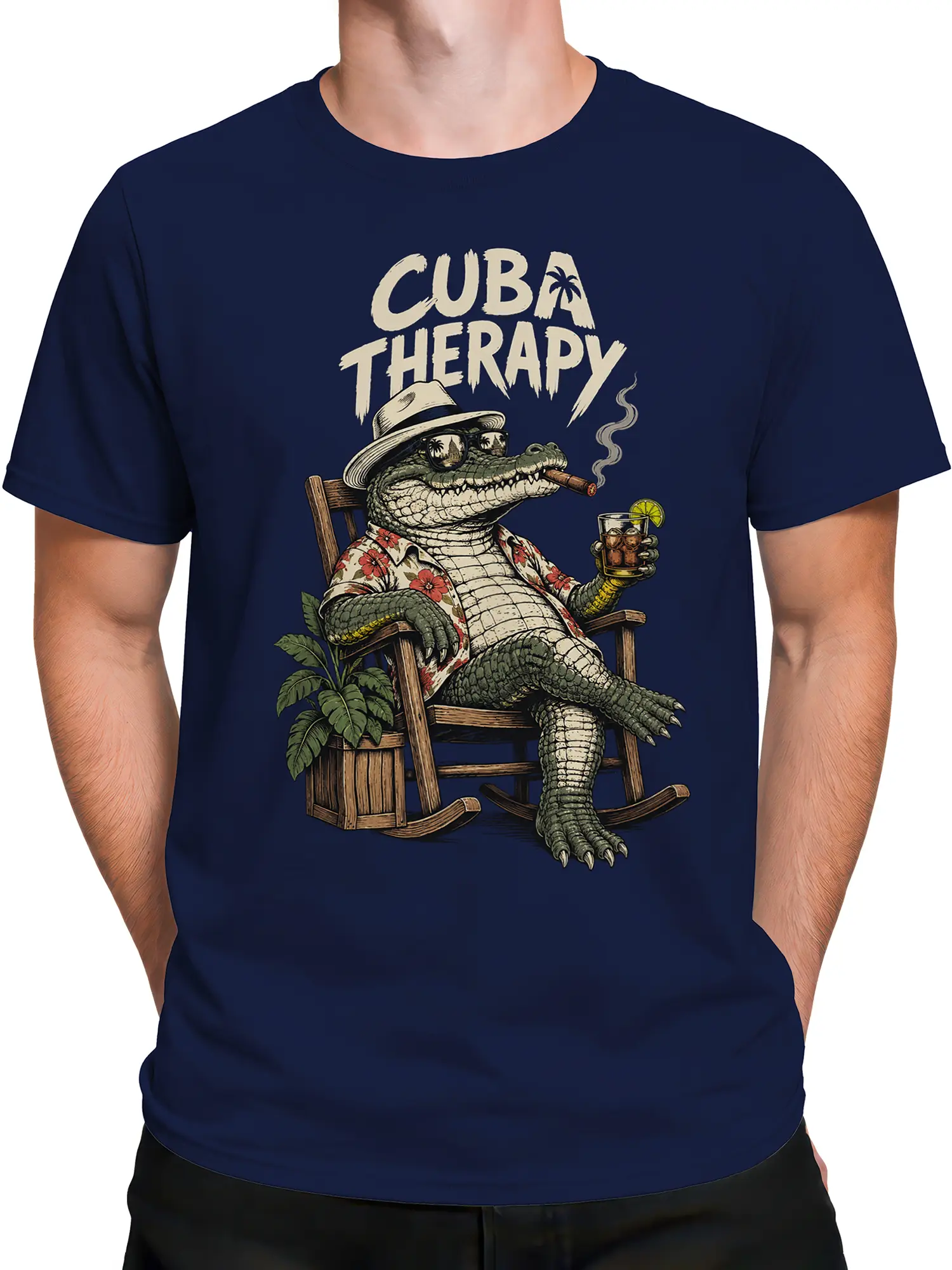 Male torso wearing a navy Cuba Therapy crocodile T-shirt with a vintage tropical graphic