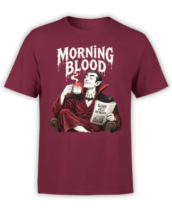 Relaxed vampire drinking from a steaming mug and reading a newspaper on a burgundy graphic T-shirt