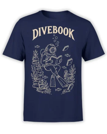 Navy DIVEBOOK T-shirt with a scuba diver reading among books, fish, coral, and bubbles