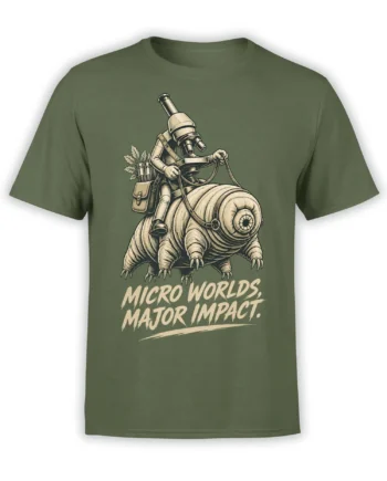 Green science T-shirt with a researcher riding a microscopic creature under the words Micro Worlds, Major Impact
