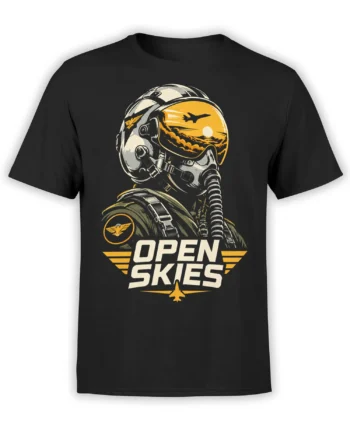 Black astronaut T-shirt featuring an open skies graphic, sunset helmet reflection, and aircraft silhouettes