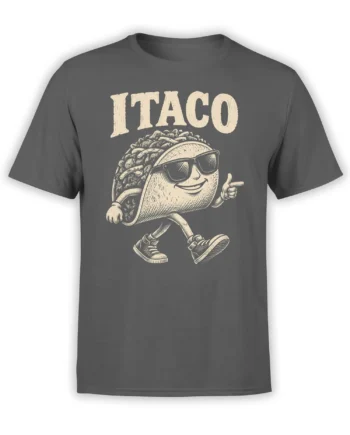 Gray taco graphic tee with a sunglasses-wearing taco character, sneakers, and bold vintage TACO lettering