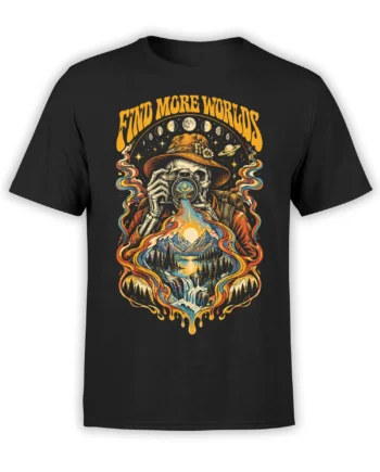 Black photographer T-shirt with a skeleton, vintage camera, planets, mountains, lake, and waterfall artwork