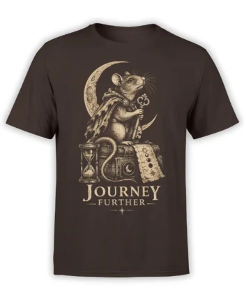 Brown T-shirt with a vintage cloaked mouse, crescent moon, books, hourglass, key, and Journey Further artwork