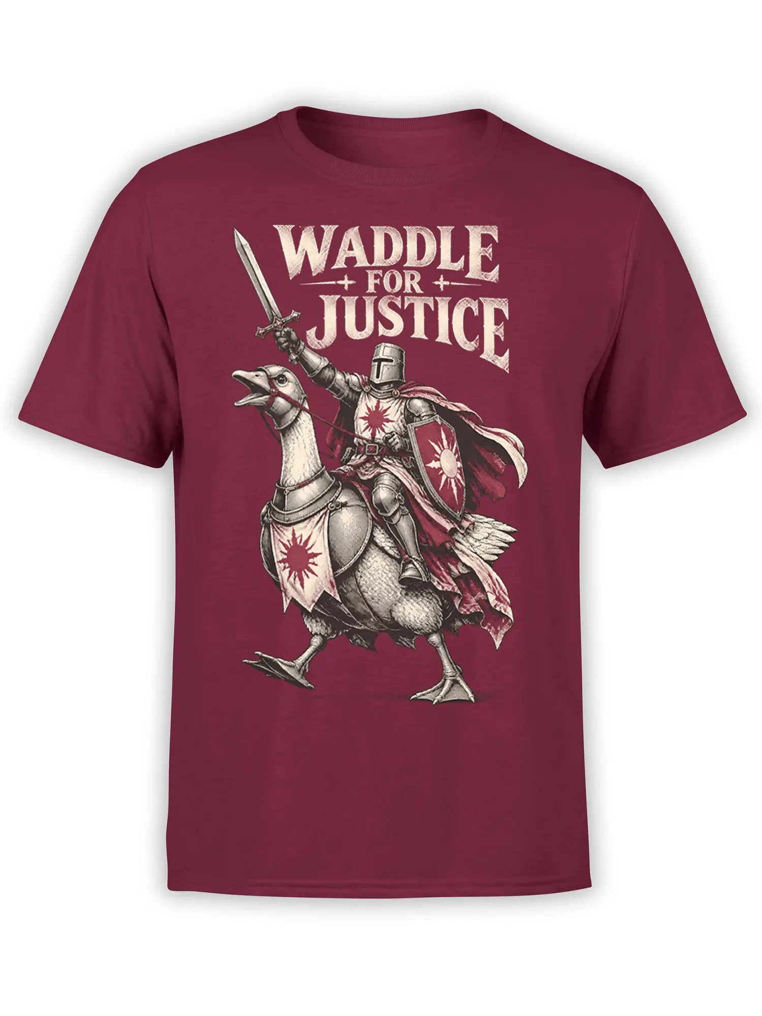Armored goose knight riding forward with a sword and shield on a burgundy “Waddle for Justice” T-shirt