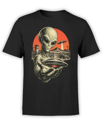 Black T-shirt with a vintage alien holding a flying saucer near a desert military outpost