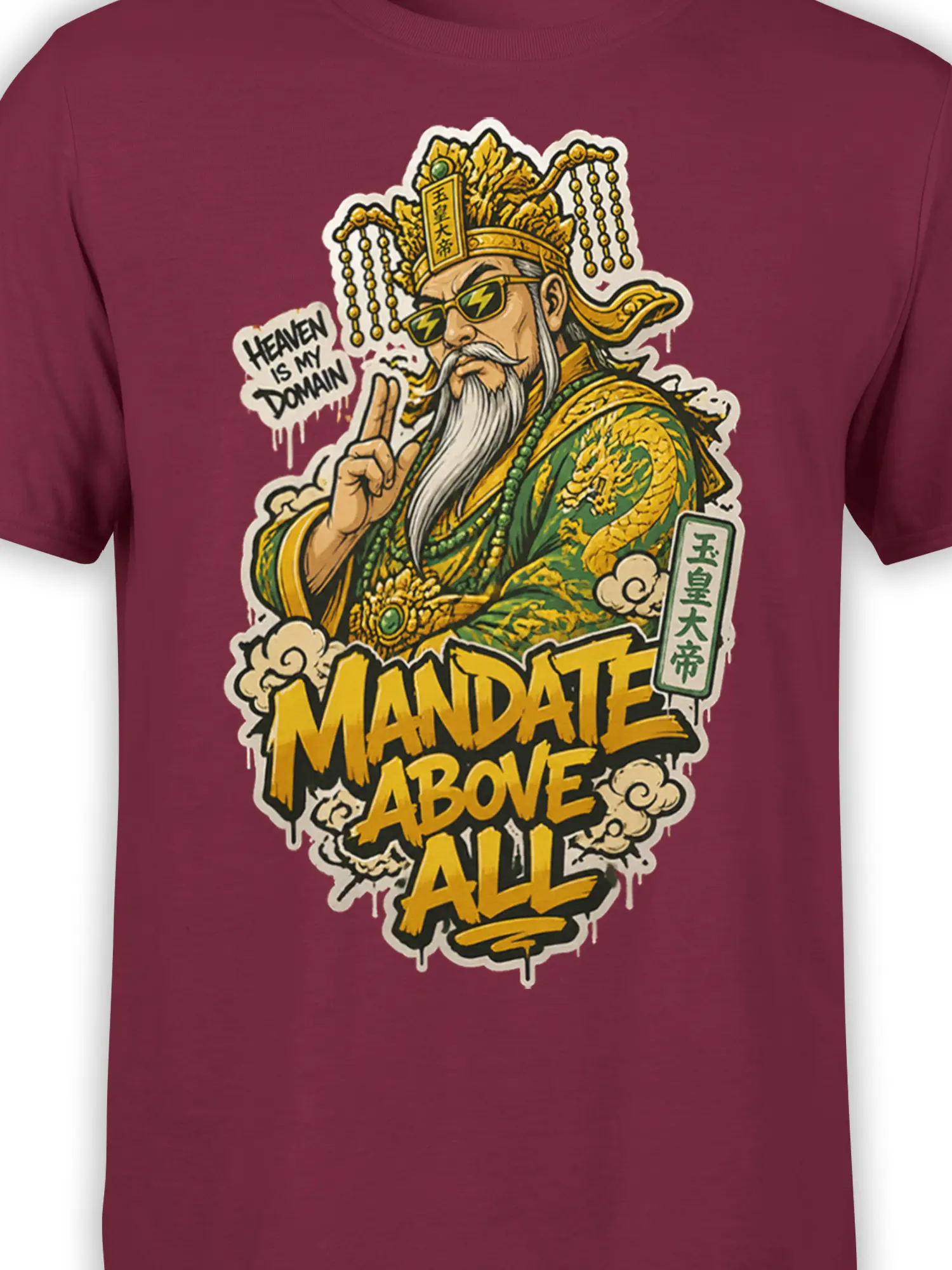 Close-up of Chinese warrior artwork with gold crown, dragon details, lightning sunglasses, and “Mandate Above All” text