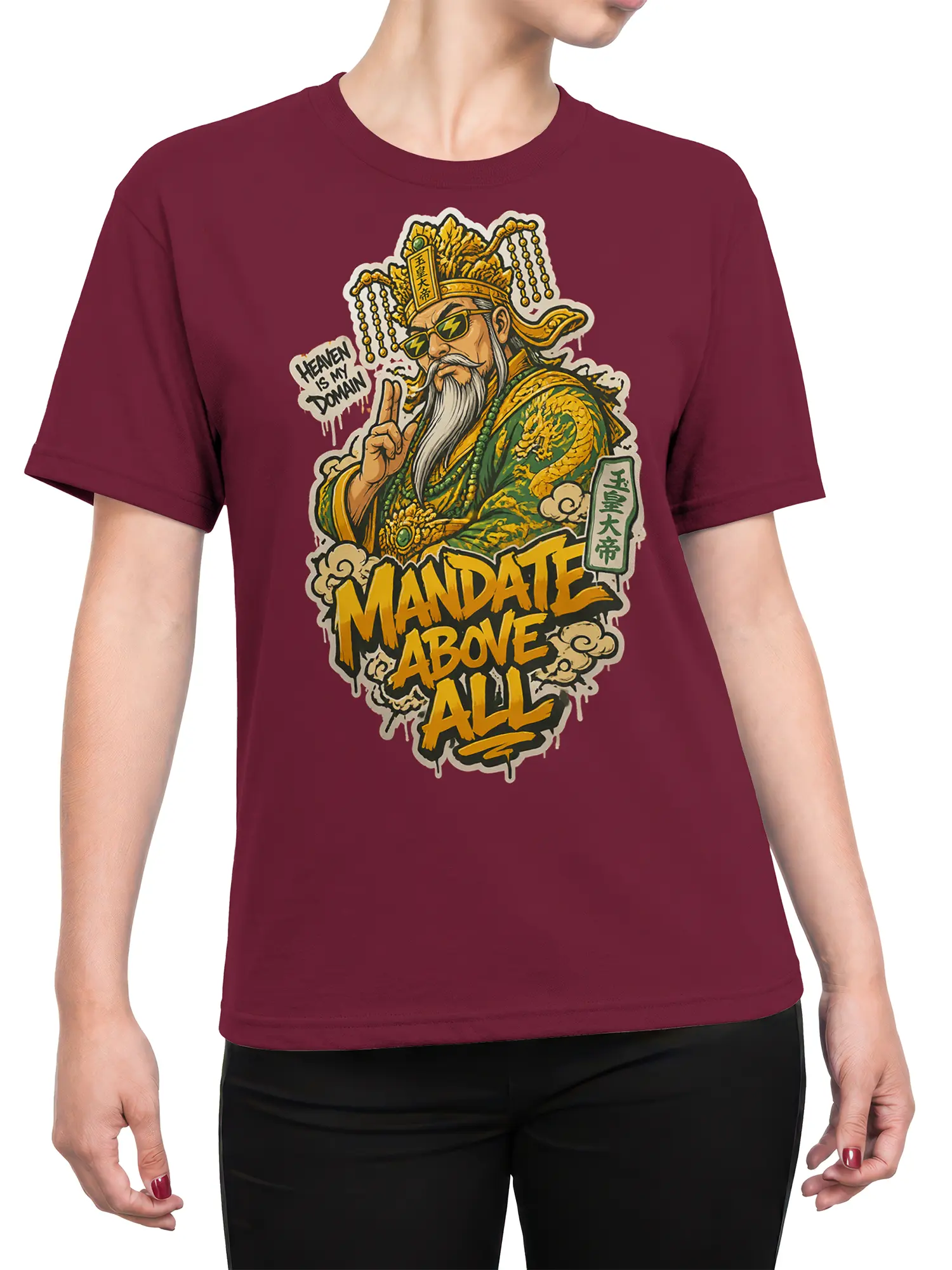 Female torso wearing a burgundy T-shirt with imperial Chinese warrior artwork and “Mandate Above All” lettering