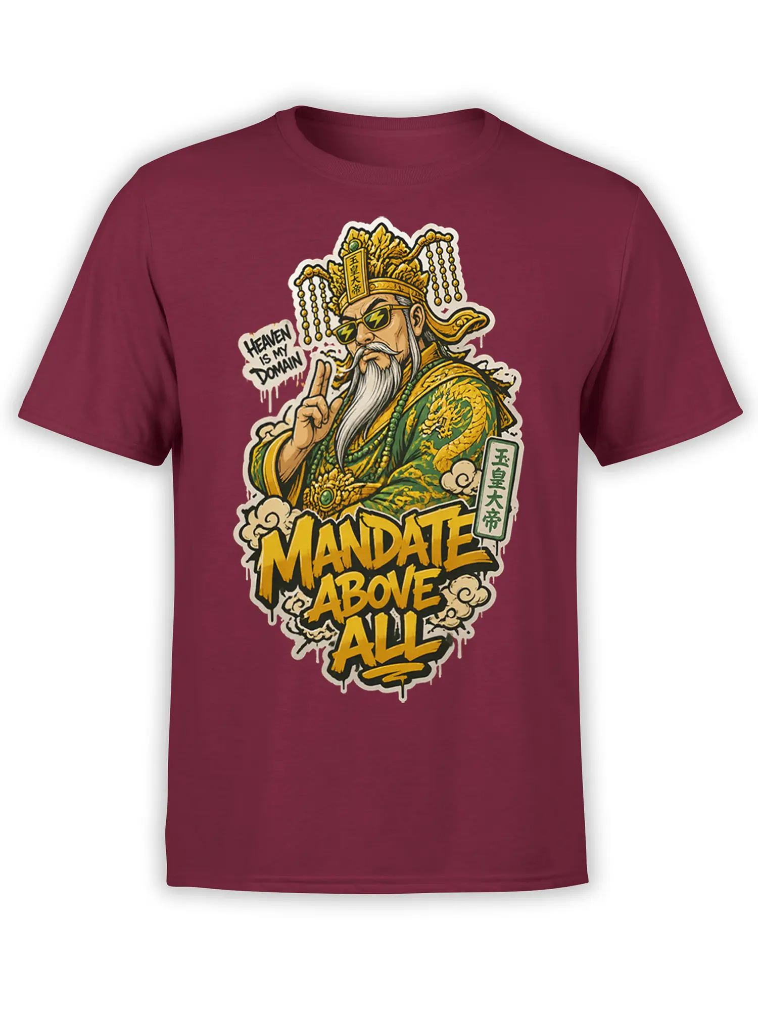 Burgundy T-shirt with Chinese warrior-inspired ruler, golden details, lightning sunglasses, and “Mandate Above All” text