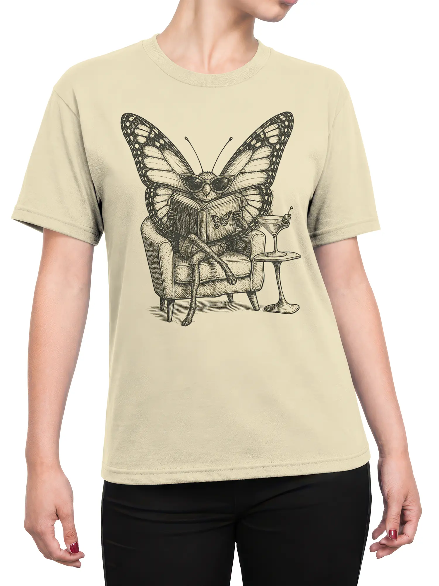Female torso wearing a beige butterfly reading T-shirt with sunglasses, book, armchair, and cocktail artwork