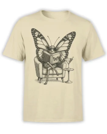 Beige butterfly graphic tee showing a stylish butterfly in sunglasses reading beside a cocktail