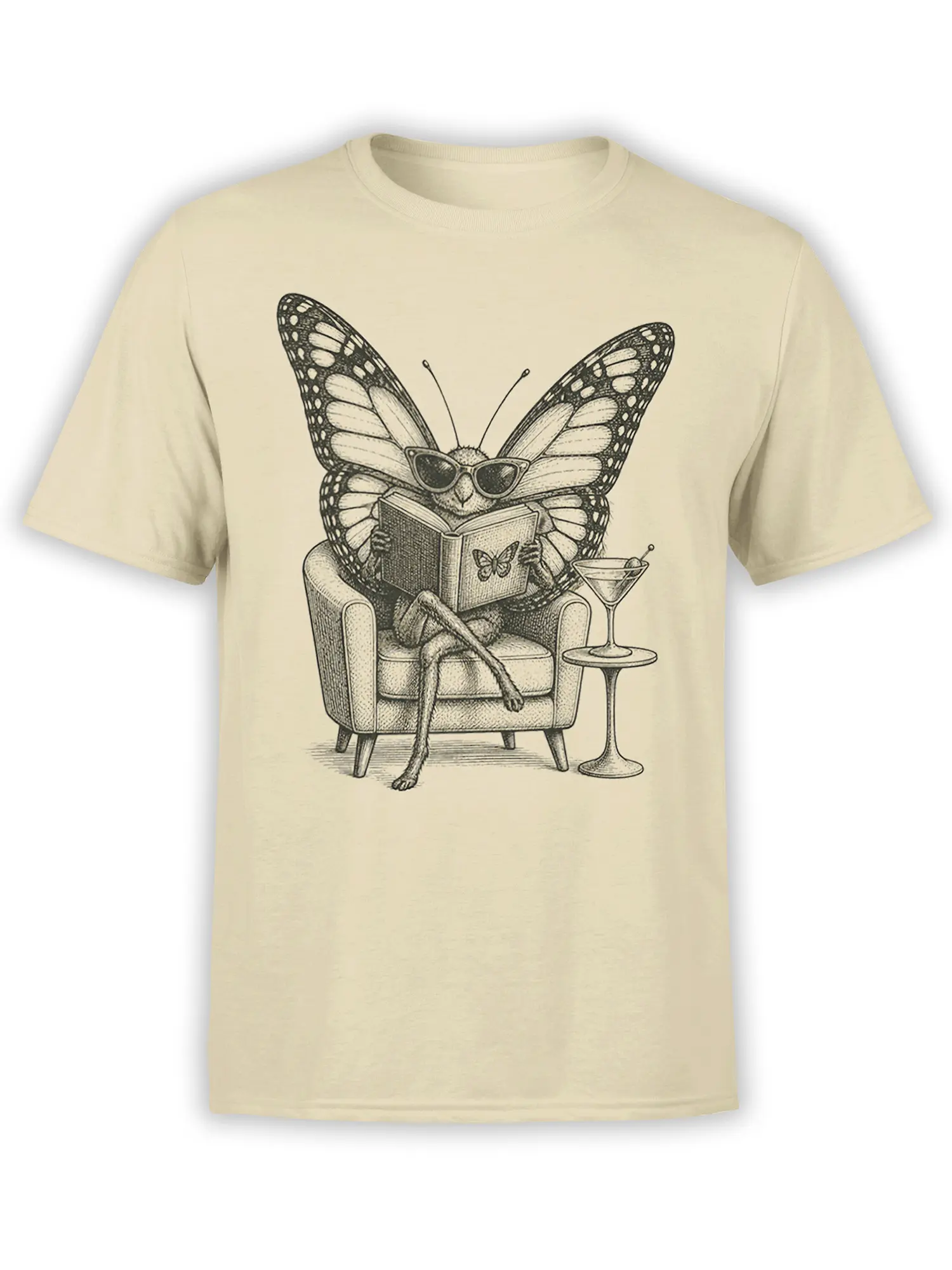 Beige butterfly graphic tee showing a stylish butterfly in sunglasses reading beside a cocktail