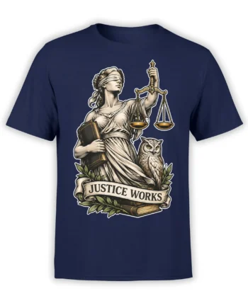 Vintage Lady Justice and owl graphic with scales, sword, books, and Justice Works banner on a navy T-shirt