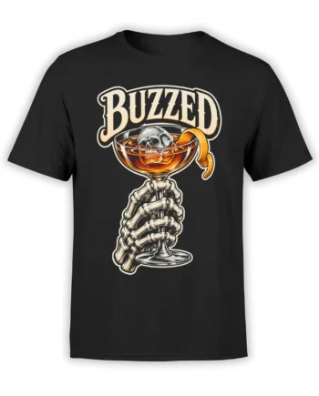 Black T-shirt with a buzzed skeleton holding a skull cocktail beneath bold vintage lettering