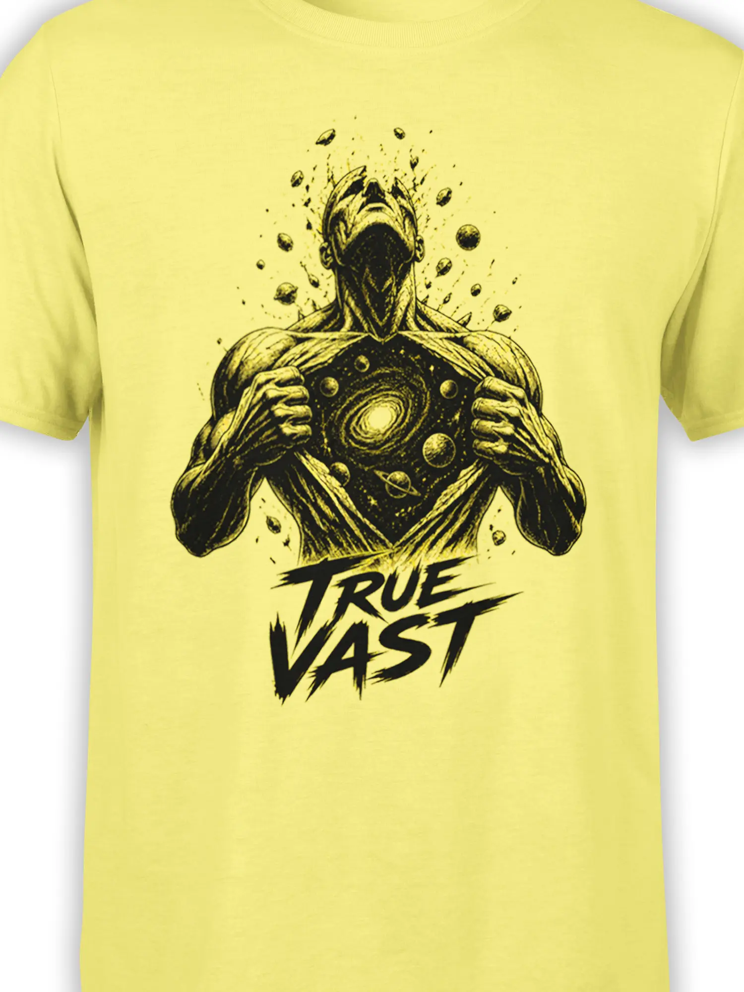 Close-up of the cosmic guardian and galaxy artwork on a yellow graphic T-shirt