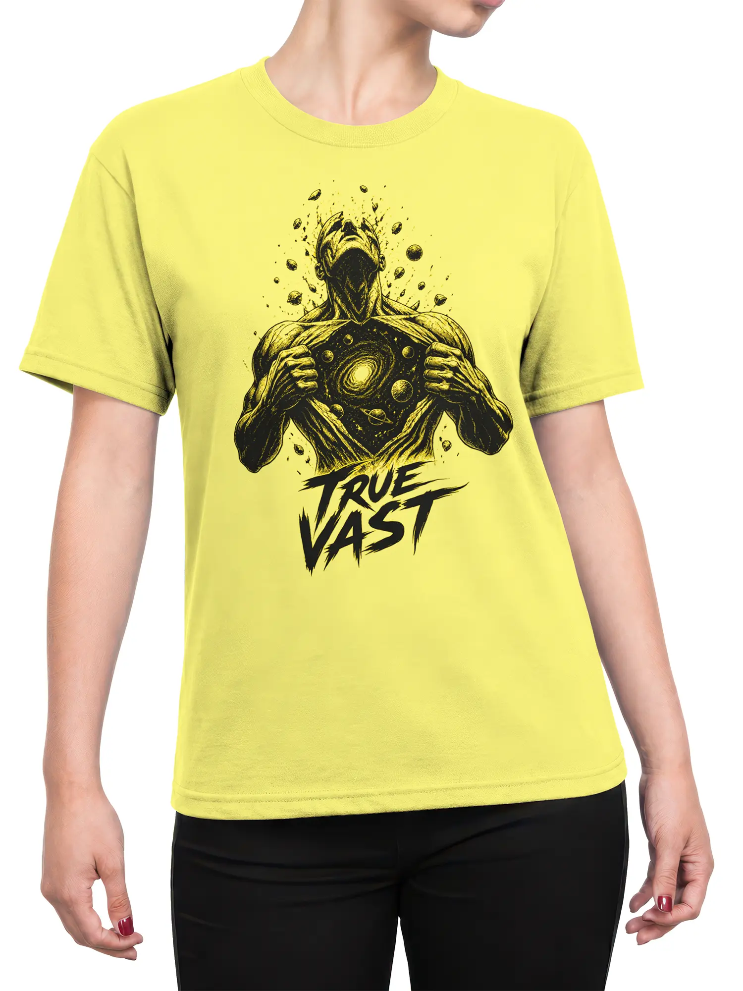 Female torso wearing a yellow cosmic guardian T-shirt with galaxy artwork and “TRUE VAST” text