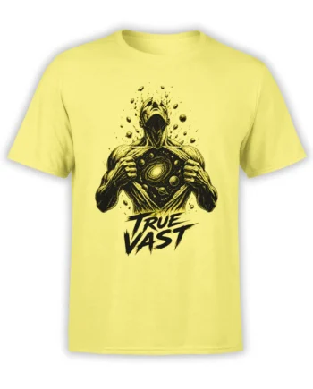 Yellow T-shirt with a masked cosmic guardian revealing a galaxy and bold “TRUE VAST” lettering