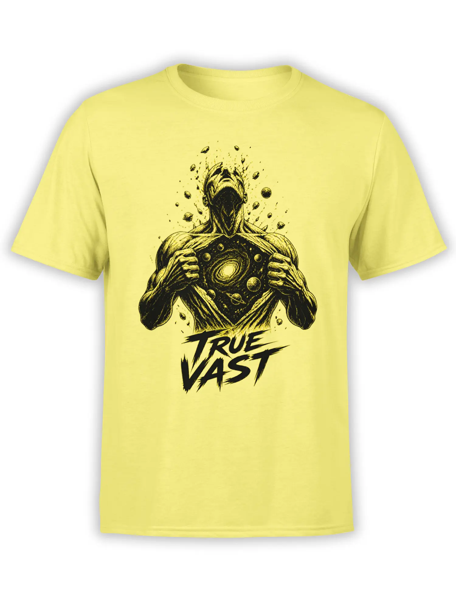 Yellow T-shirt with a masked cosmic guardian revealing a galaxy and bold “TRUE VAST” lettering