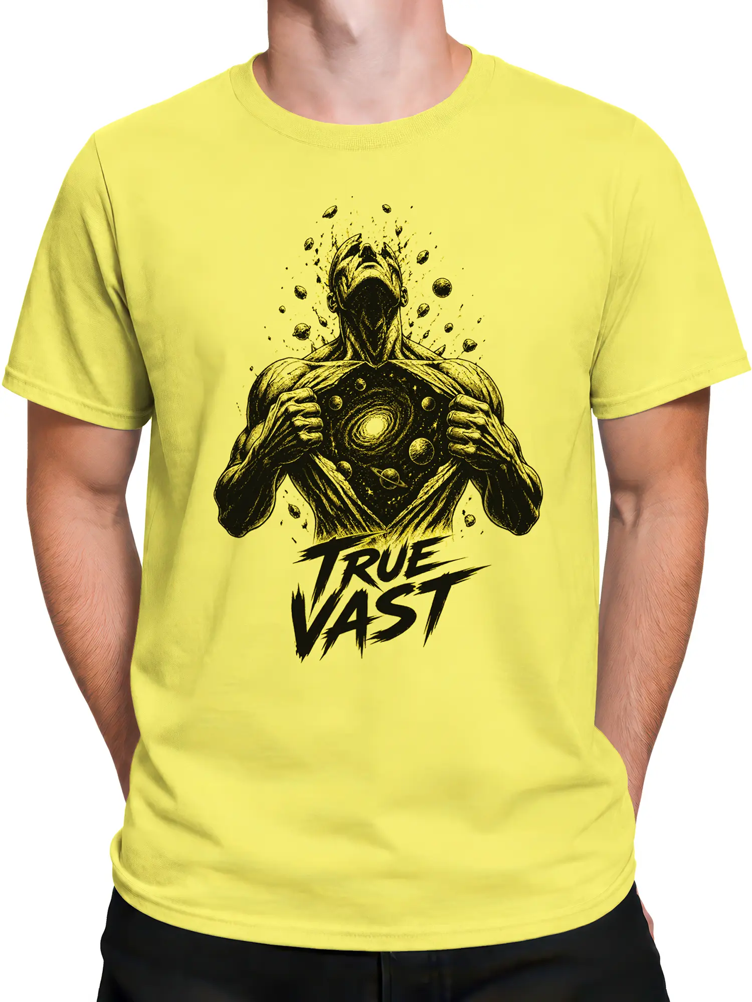 Male torso wearing a yellow space warrior T-shirt with galaxy artwork and bold lettering