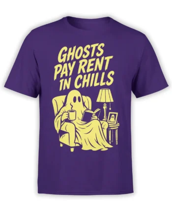 Purple ghost T-shirt with a cozy yellow ghost reading and drinking coffee beside a lamp