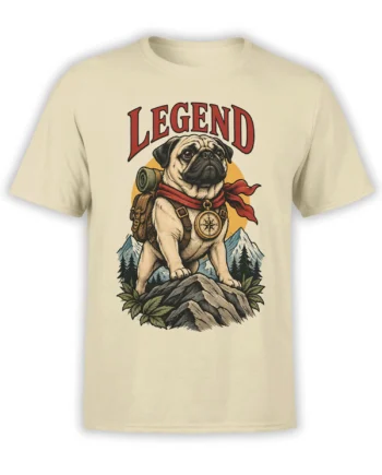 Beige T-shirt with a vintage pug explorer wearing a backpack and compass beneath bold LEGEND lettering