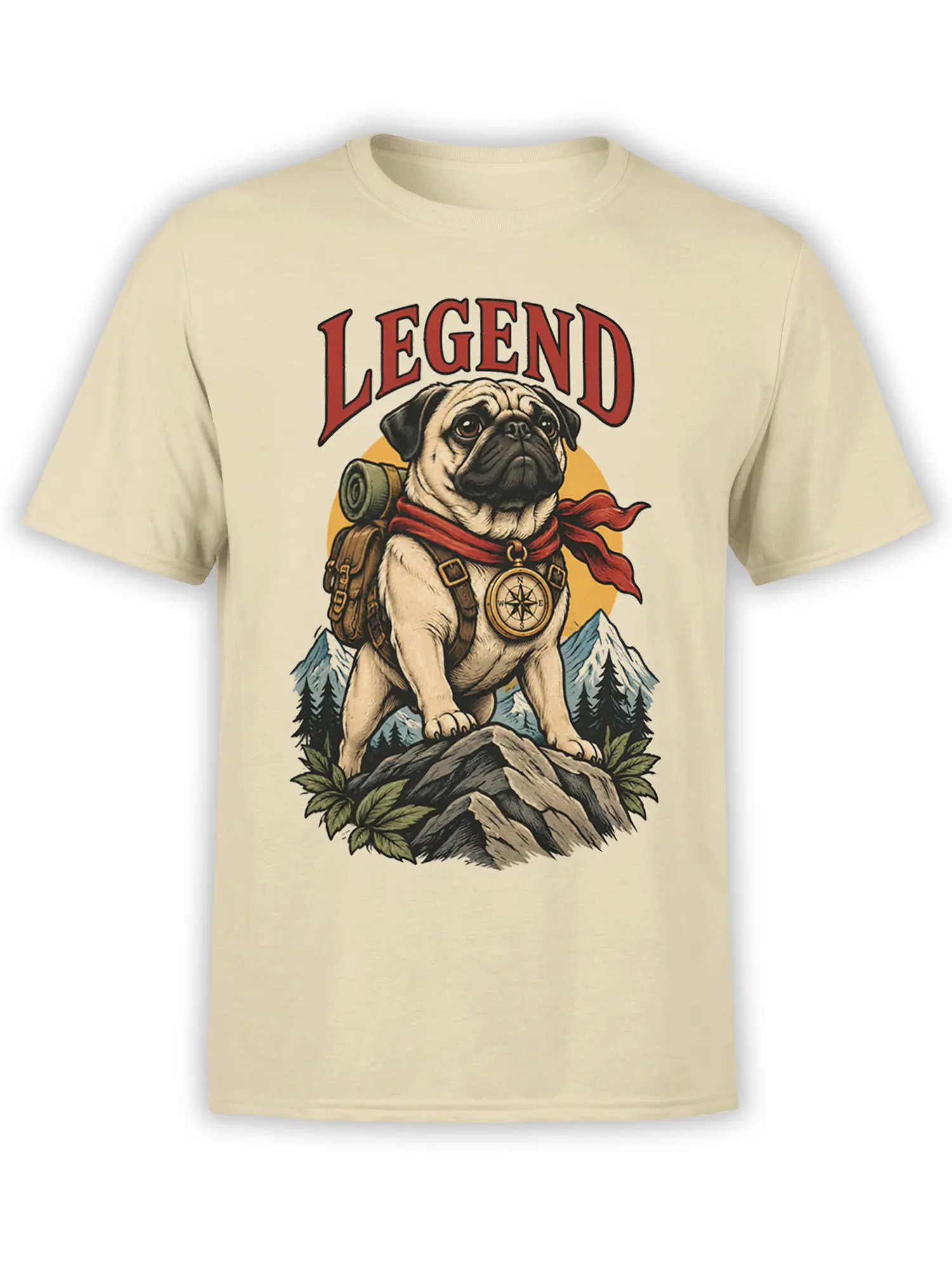 Beige T-shirt with a vintage pug explorer wearing a backpack and compass beneath bold LEGEND lettering