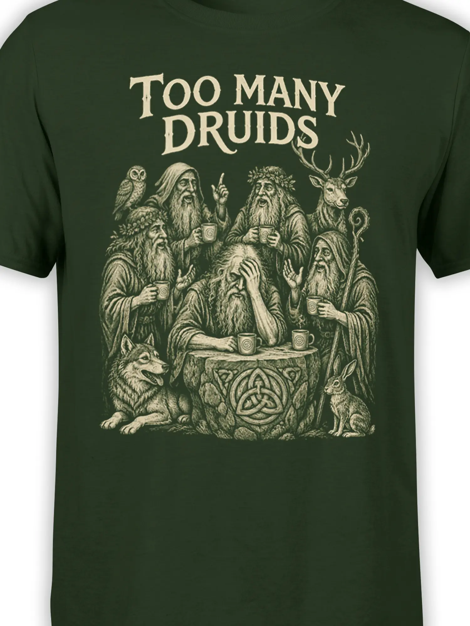 Close-up of the “Too Many Druids” design with bearded druids, an owl, stag, wolf, rabbit, and carved symbol