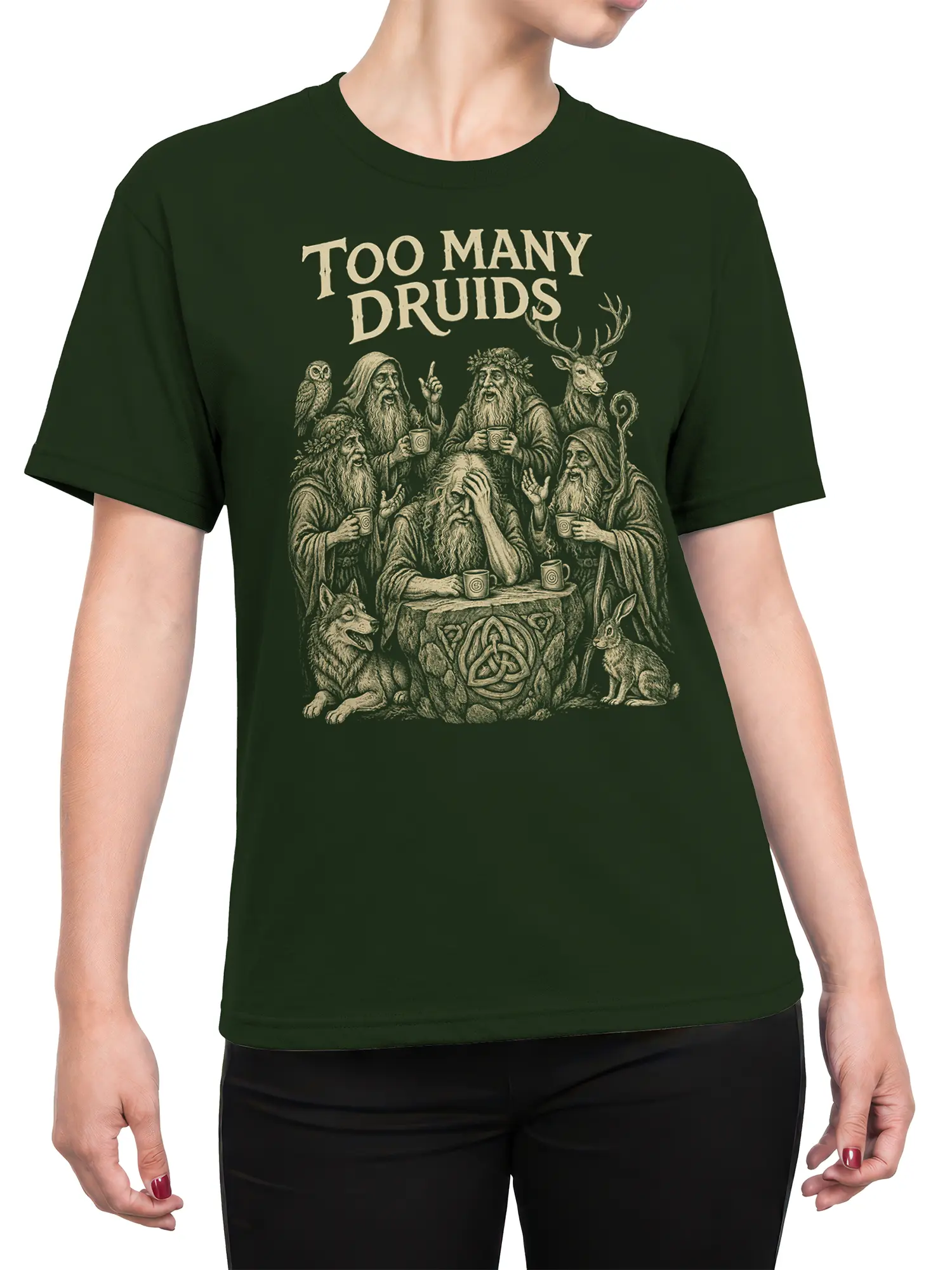 Female torso wearing a dark green druid graphic T-shirt with vintage cream artwork and woodland gathering details