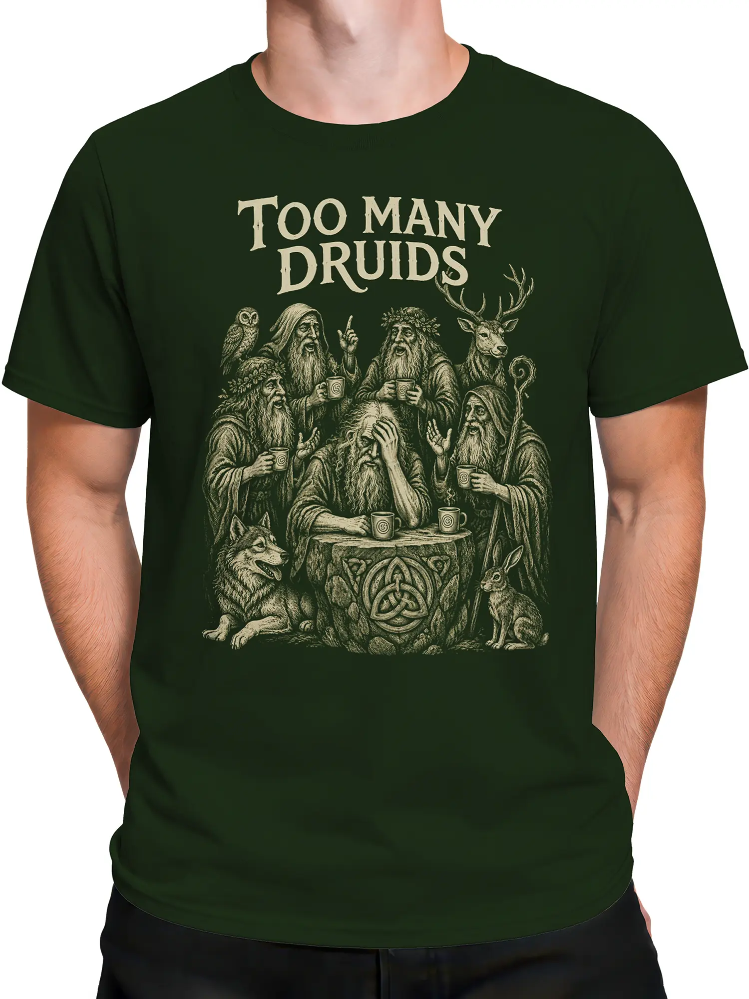 Male torso wearing a dark green fantasy T-shirt with a vintage druid council illustration in cream