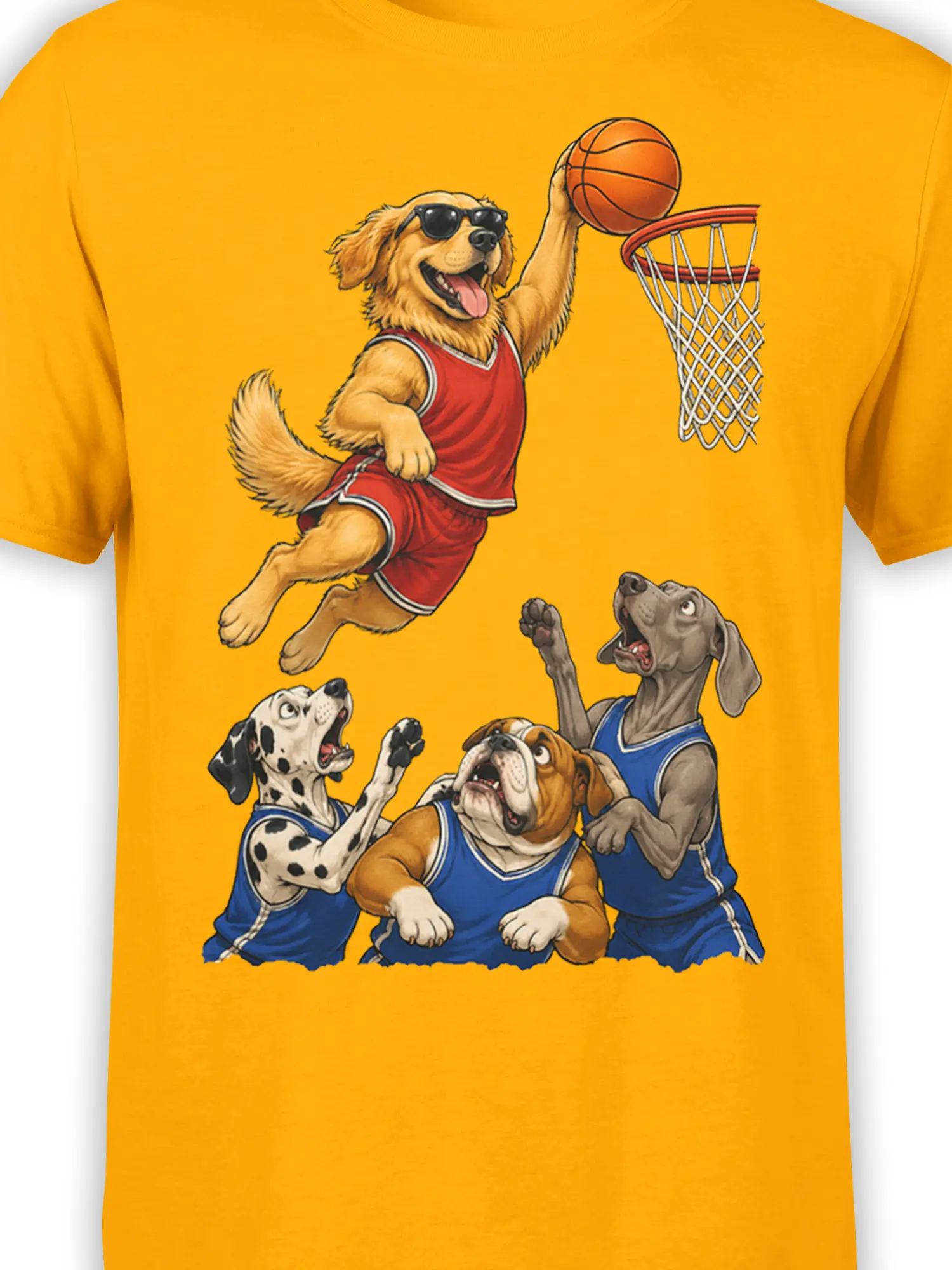 Close-up of dog basketball artwork showing a retriever, Dalmatian, bulldog, and gray dog in team jerseys