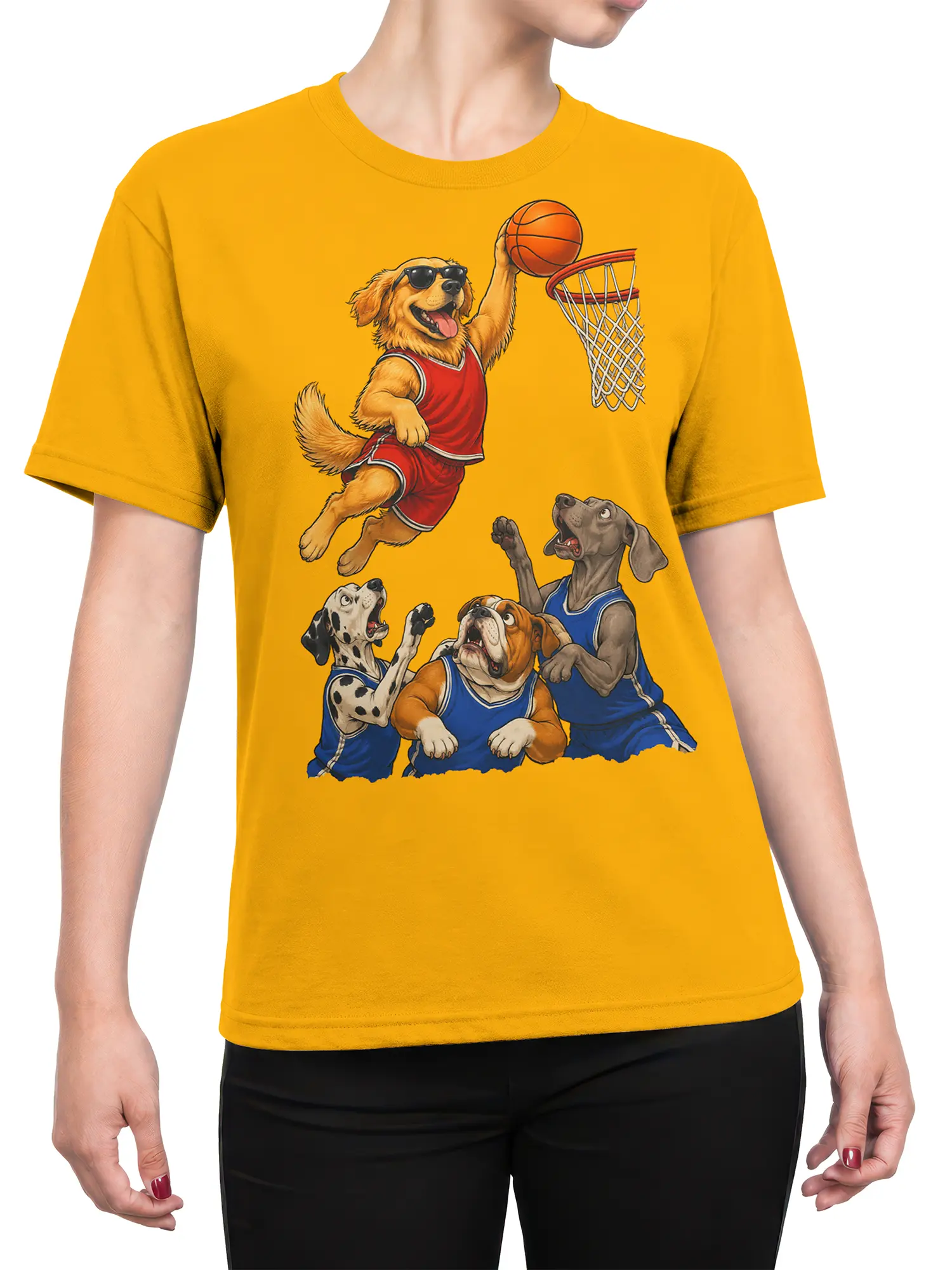 Female torso wearing an orange dog basketball T-shirt with a retriever, hoop, and jersey-wearing teammates