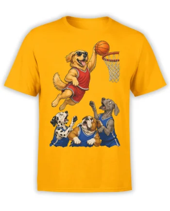 Orange T-shirt with a golden retriever in sunglasses and three dogs playing basketball in colorful jerseys