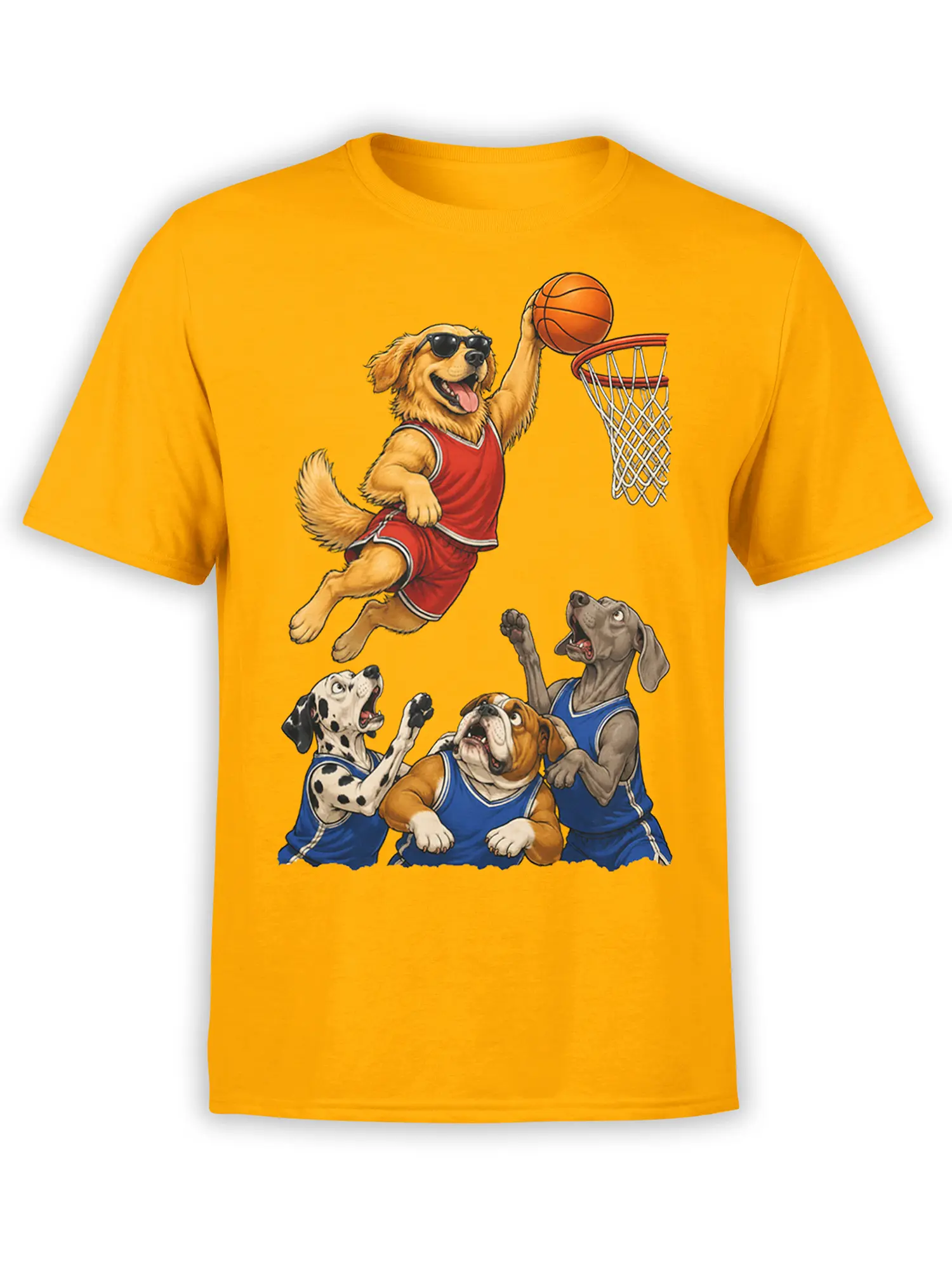 Orange T-shirt with a golden retriever in sunglasses and three dogs playing basketball in colorful jerseys