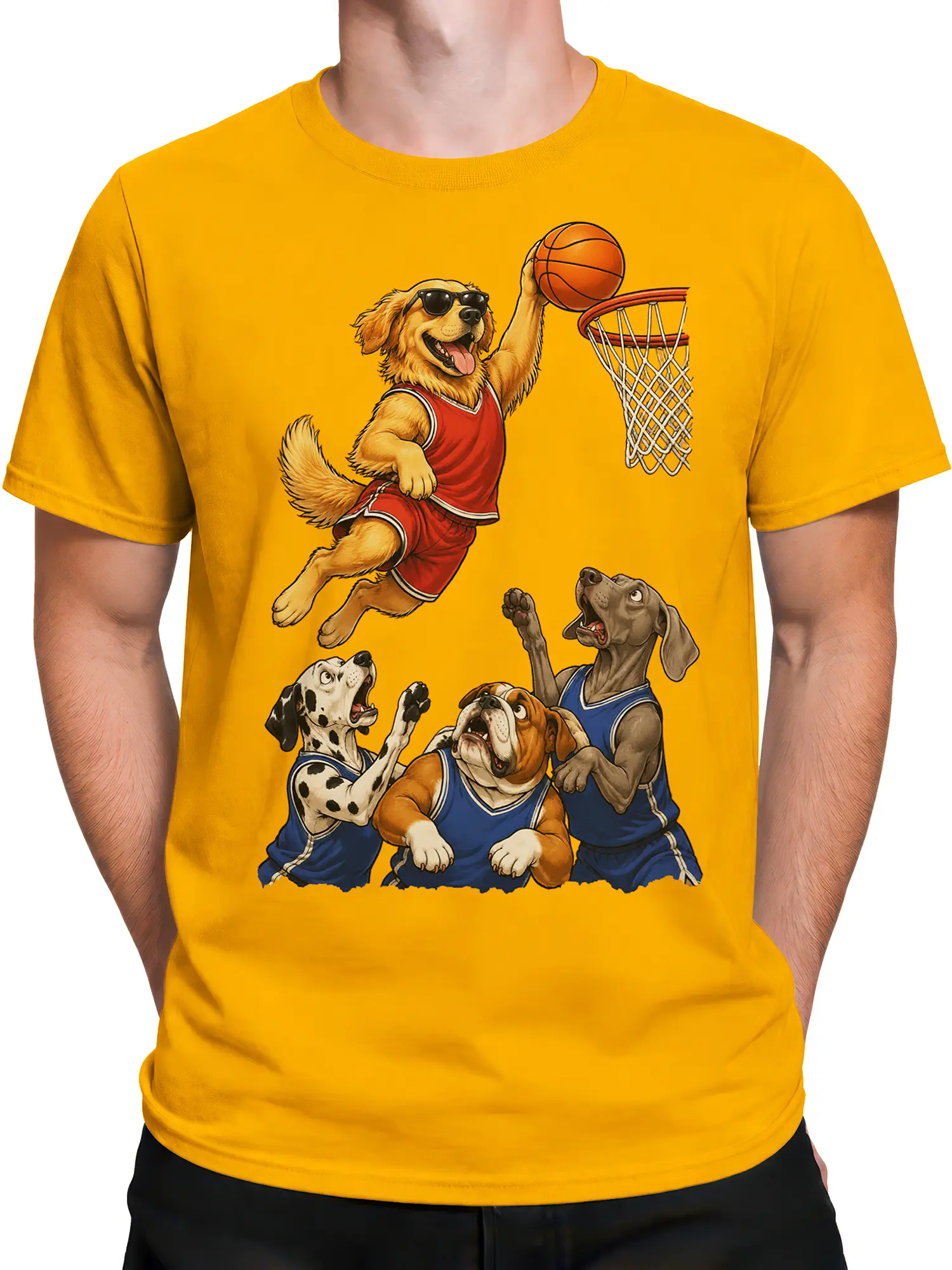 Male torso wearing an orange dog basketball T-shirt with four illustrated dogs and a basketball hoop