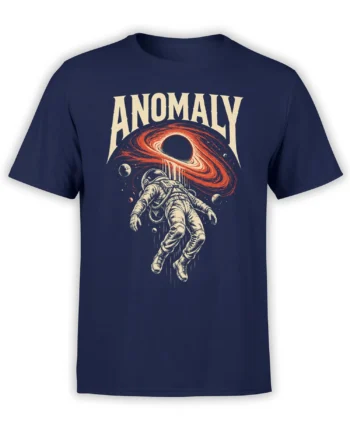 Navy T-shirt with vintage astronaut floating beneath a swirling black hole and ANOMALY lettering