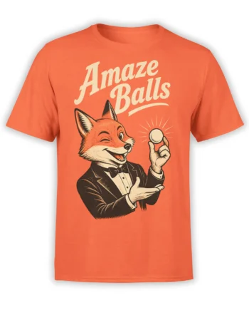 Orange T-shirt featuring a dapper fox magician holding a ball beneath the words “Amaze Balls”