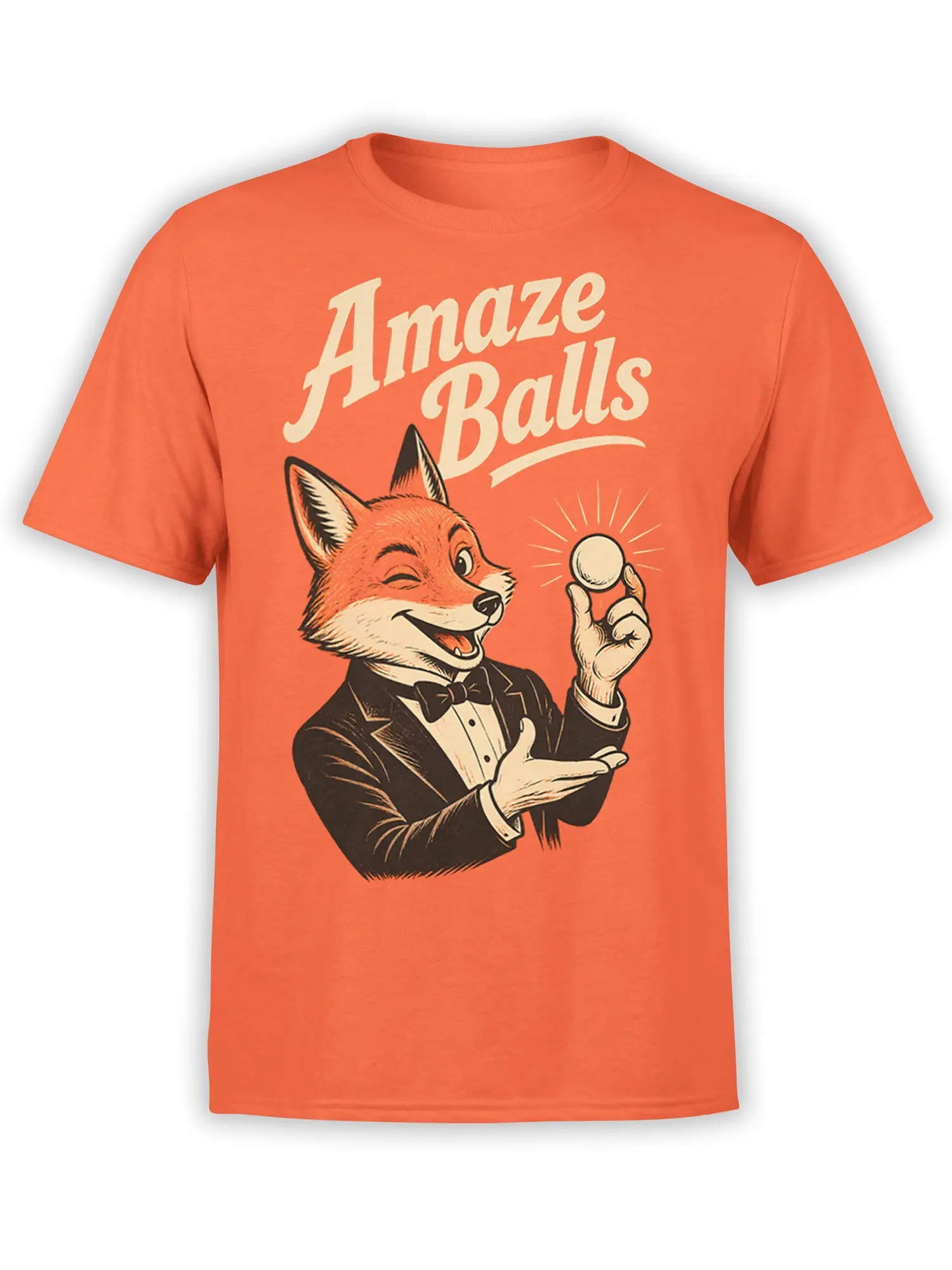 Orange T-shirt featuring a dapper fox magician holding a ball beneath the words “Amaze Balls”