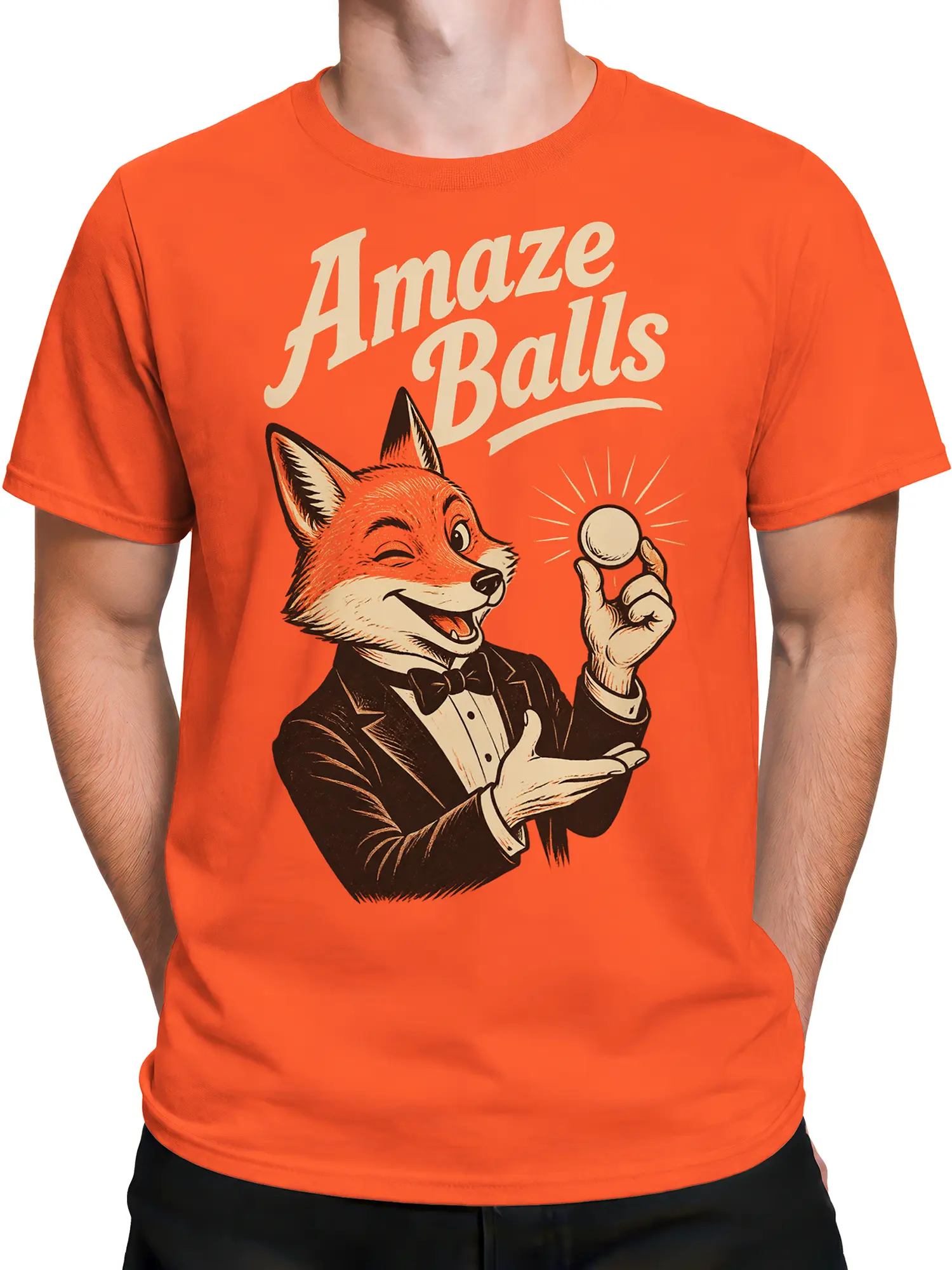 Male torso wearing an orange T-shirt with a vintage dapper fox magician graphic