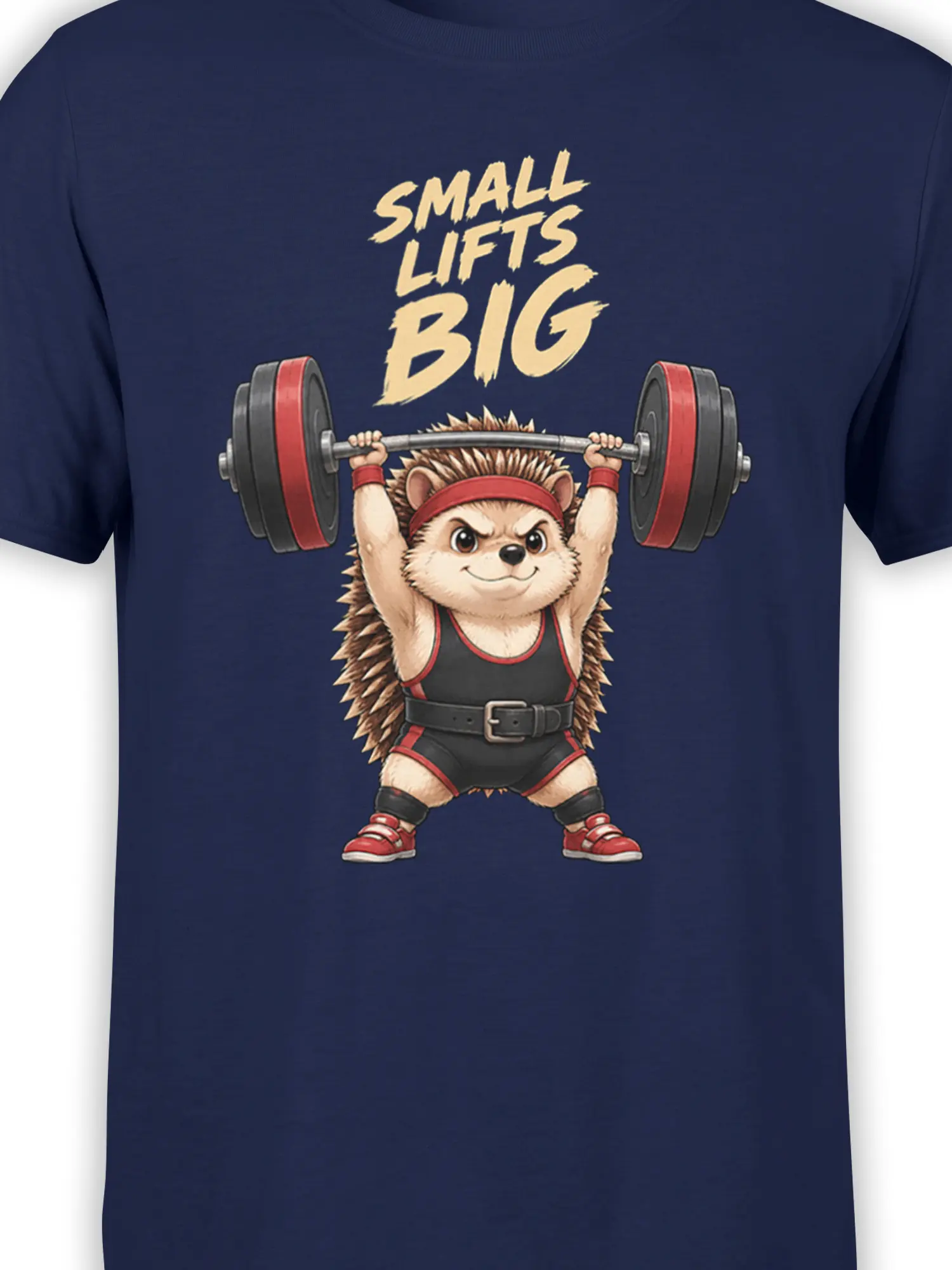Close-up of hedgehog weightlifting artwork and “SMALL LIFTS BIG” text on navy fabric