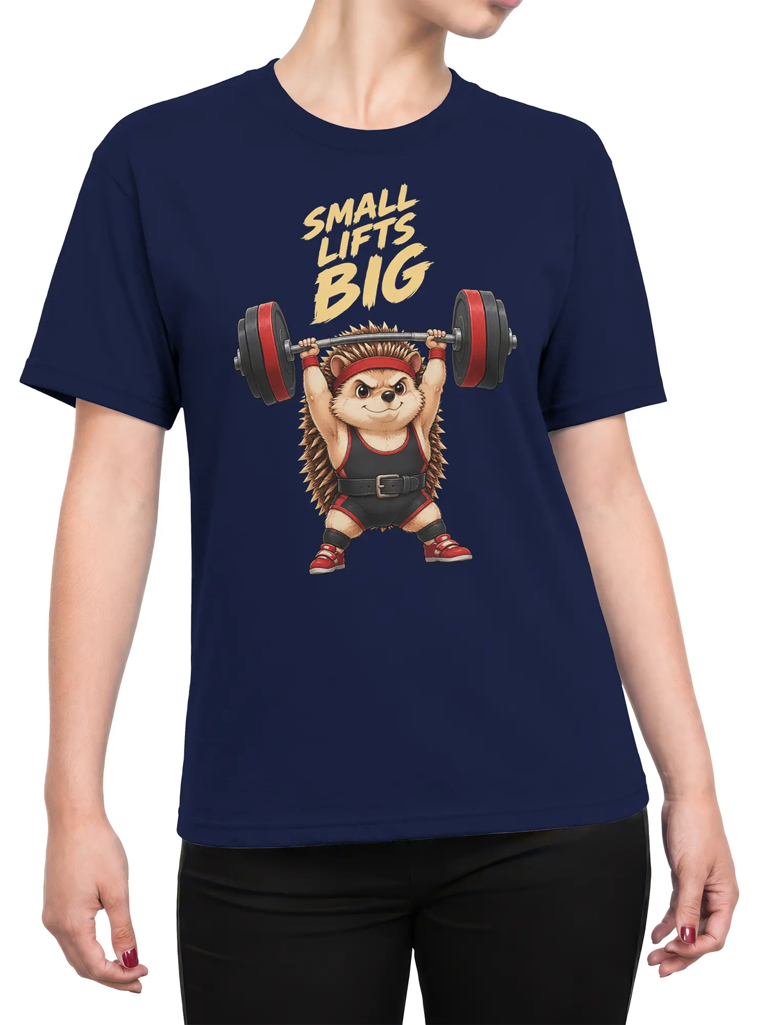 Female torso wearing a navy T-shirt with a hedgehog lifting a barbell and bold fitness lettering